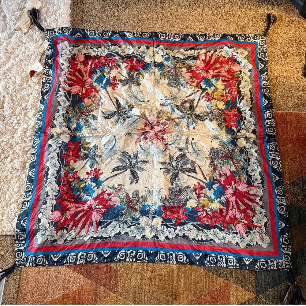 NWT Johnny Was Silk Scarf Tassels Blue Floral Border Square 42x42
